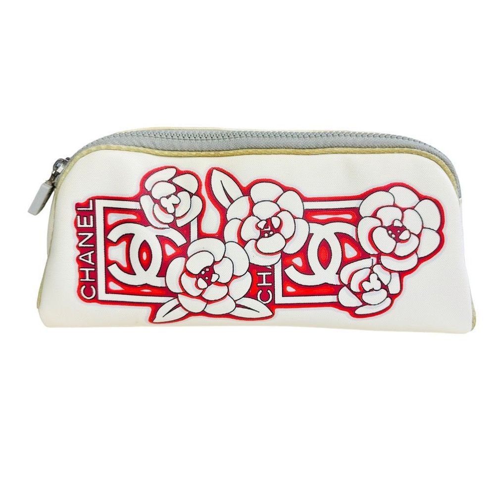 Rare Chanel Rose Floral CC Logo Large Cosmetic Double Zip Pouch Bag Clutch